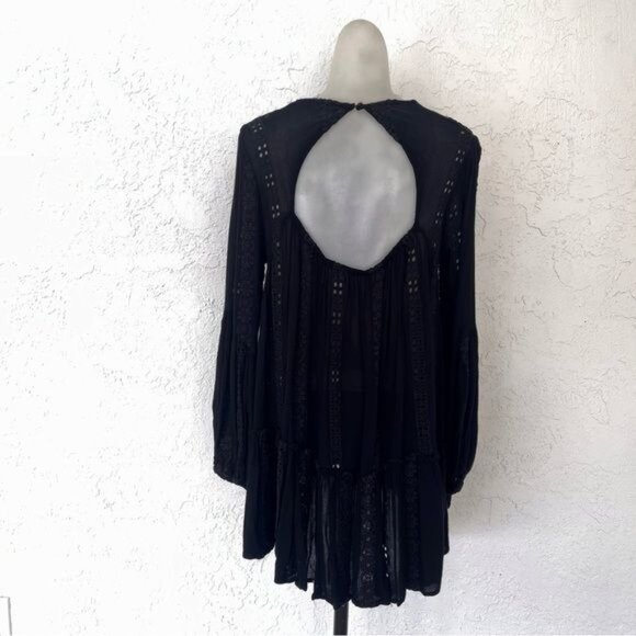 Free People Kiss Kiss Lace Inset Long Sleeve A-line Tunic Dress in Black XSmall - Picture 6 of 11